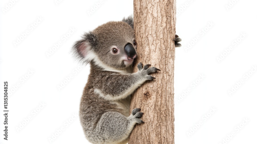 Fototapeta premium A baby koala climbing a eucalyptus tree, with a sleepy expression, on a white isolated background
