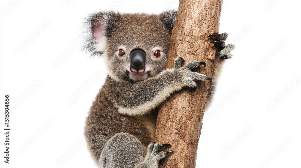 Fototapeta premium A baby koala climbing a eucalyptus tree, with a sleepy expression, on a white isolated background