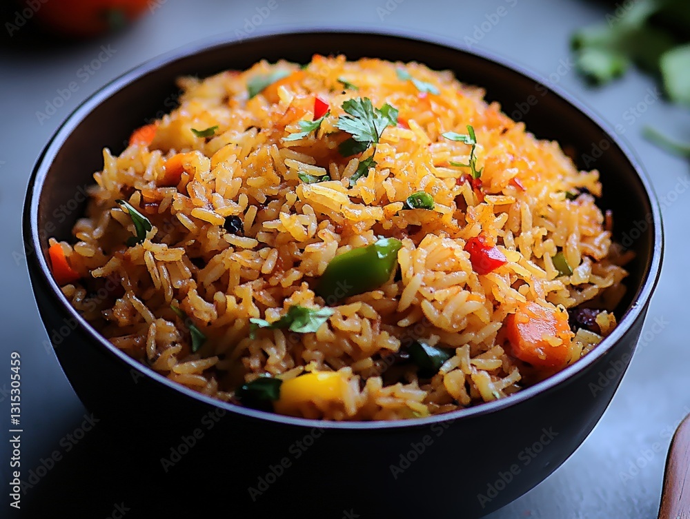 Nutrient-packed bowl of rice generously filled with fresh vegetables ready to be enjoyed as a healthy meal option Nutrient-packed bowl of rice generously filled with fresh vegetables ready to be enjoyed as a healthy meal option