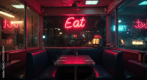 Diner Booth Under Neon Sign on Rainy Night with Urban Feel