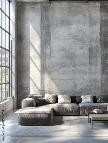 A modern living room with a large gray sofa photo