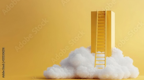 Golden Ladder Reaching Upward to a Solid Gold Block Above a White Cloud on a Yellow Background