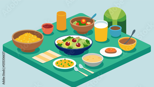 The table is adorned with various side dishes such as rice farofa and greens all ready to be added to individual plates alongside generous portions of the famous feijoada.. Vector illustration