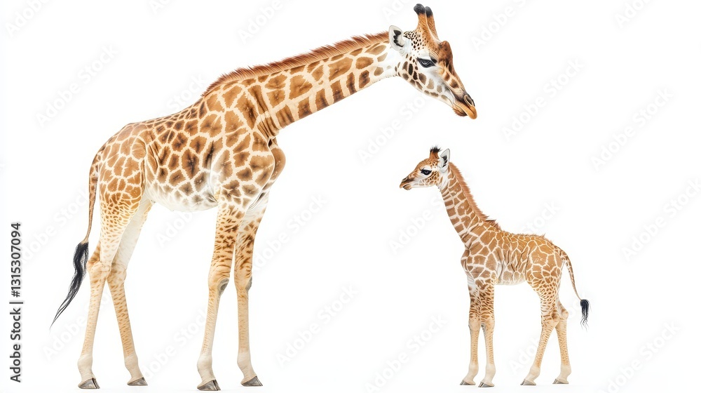 Fototapeta premium A mother giraffe with her baby standing beside her, both looking into the distance, on a white isolated background