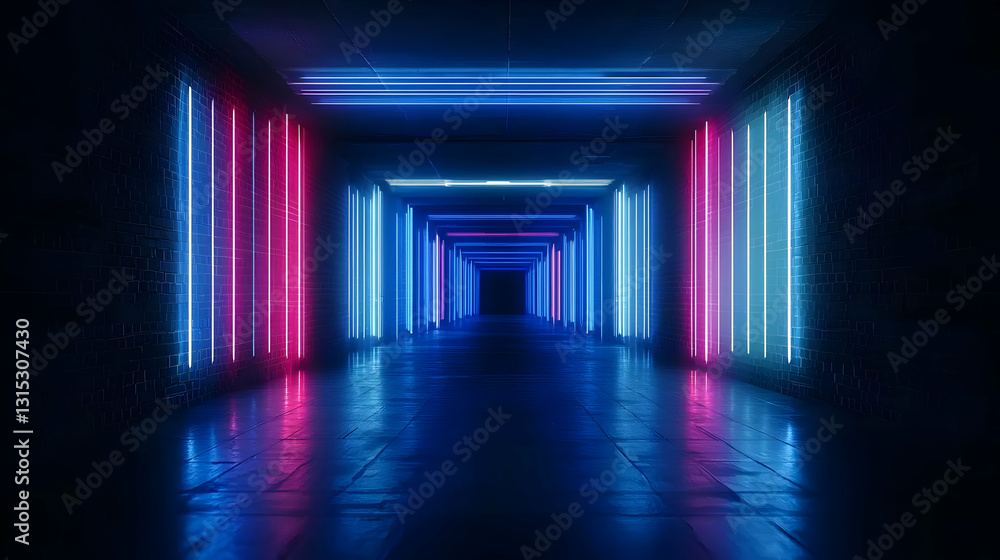 Dark Futuristic Tunnel with Glowing Neon Pink and Blue Lights Reflecting on Glossy Floor in Empty Corridor Dark Futuristic Tunnel with Glowing Neon Pink and Blue Lights Reflecting on Glossy Floor in Empty Corridor