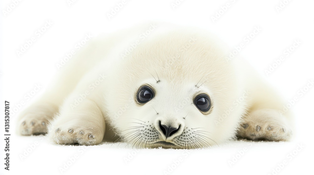 A cute baby seal lying on the beach, with big, innocent eyes, on a white isolated background A cute baby seal lying on the beach, with big, innocent eyes, on a white isolated background
