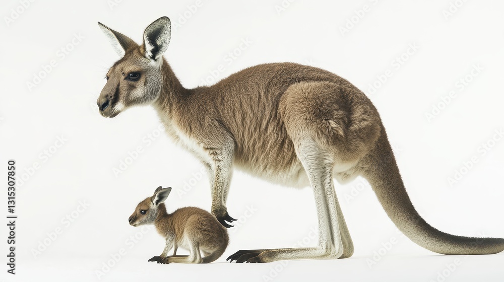 A kangaroo carrying its joey in its pouch, with a vast Australian landscape in the background, on a white isolated background A kangaroo carrying its joey in its pouch, with a vast Australian landscape in the background, on a white isolated background
