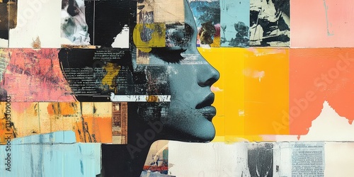 Fragmented female visage in mixed media collage art expression