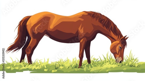 A brown horse grazing in a pasture, with its mane flowing gently, on a white isolated background