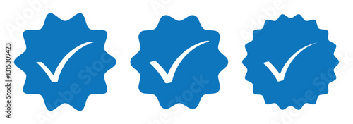 Blue Verified badge icon set. Collection of different style star shaped social media icons