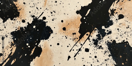 Expressive Painting with Splatters of Black and Tan on Cream Canvas