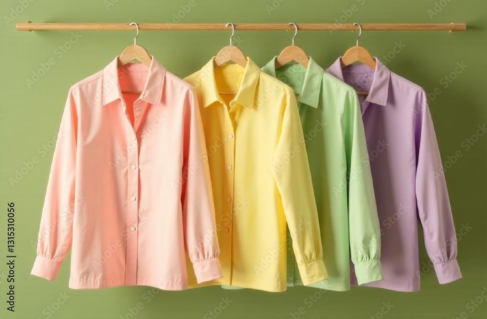 Light pastel-colored shirts in spring hues from the new collection are in the store, hanging on hangers against an olive wall. Light pastel-colored shirts in spring hues from the new collection are in the store, hanging on hangers against an olive wall.