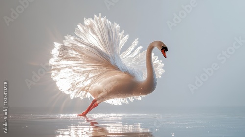 Fototapeta Naklejka Na Ścianę i Meble -  A graceful ballerina swan performing a twirl on a calm lake, with its elegant feathers reflected in the water, on a white isolated background
