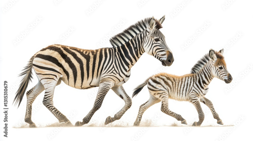 Fototapeta premium A zebra foal running alongside its mother, with its distinctive black and white stripes, on a white isolated background