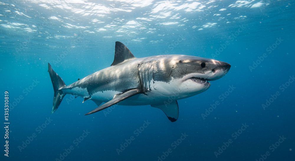 Fototapeta premium Great white shark swimming underwater in crystal-clear ocean, showcasing its powerful presence.
