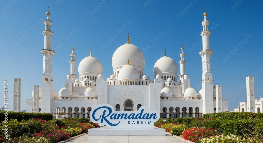 Fototapeta premium A stunning mosque set against a clear blue sky with multiple domes including a large central dome and two tall minarets there is a sign with the text Ramadan Kareem written in blue elegant font