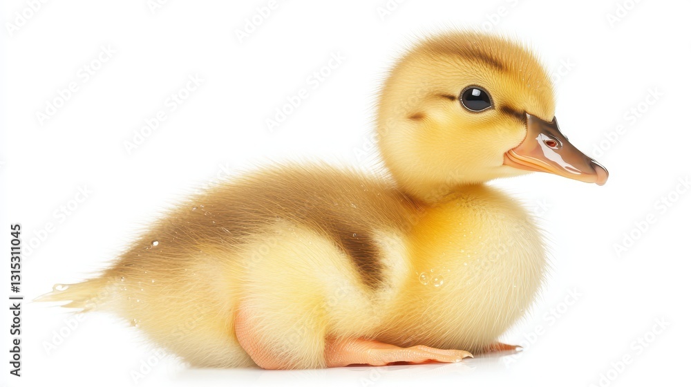 A baby duckling swimming in a pond, with droplets of water on its feathers, on a white isolated background A baby duckling swimming in a pond, with droplets of water on its feathers, on a white isolated background