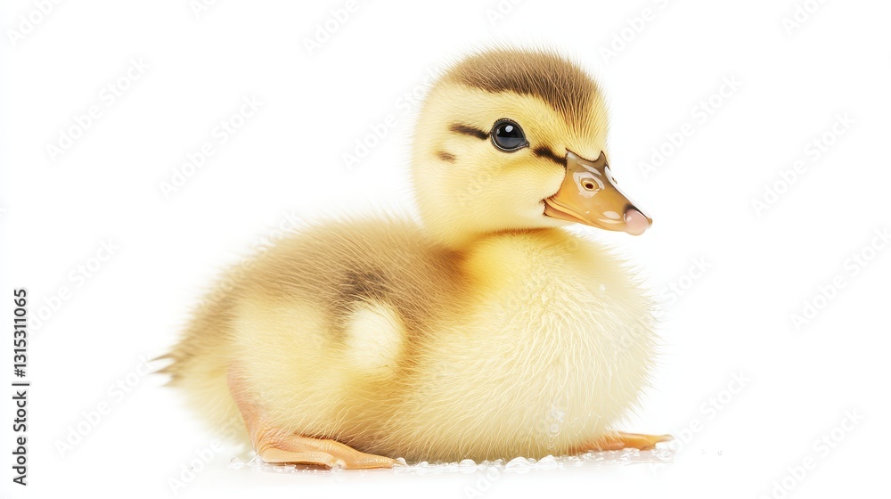 A baby duckling swimming in a pond, with droplets of water on its feathers, on a white isolated background A baby duckling swimming in a pond, with droplets of water on its feathers, on a white isolated background