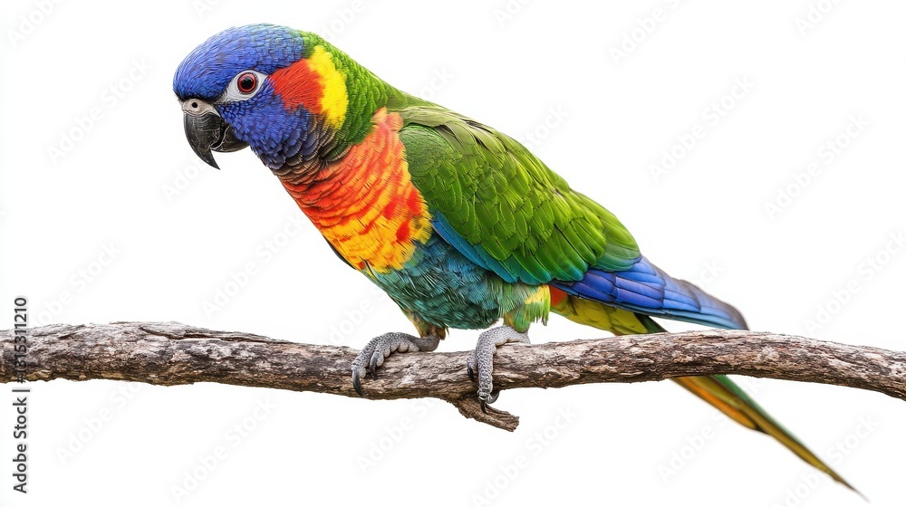 Naklejka premium A colorful parrot perched on a tree branch, with its bright green, blue, and red feathers standing out, on a white isolated background