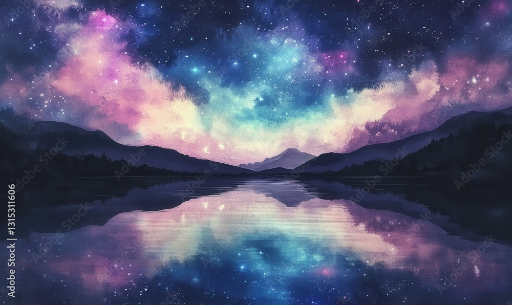 Mercury river flows, cosmic dreamscape reflects stars and galaxies, watercolor, vibrant psychedelic palette, tranquil cosmic vastness Mercury river flows, cosmic dreamscape reflects stars and galaxies, watercolor, vibrant psychedelic palette, tranquil cosmic vastness