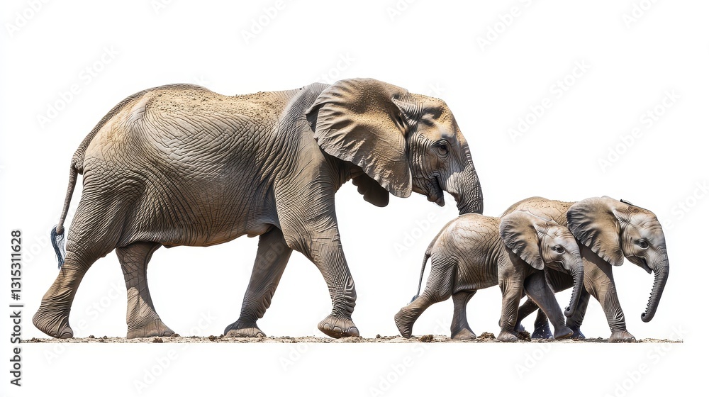 Fototapeta premium A family of elephants walking together across the African savannah, with the sun setting in the background, on a white isolated background