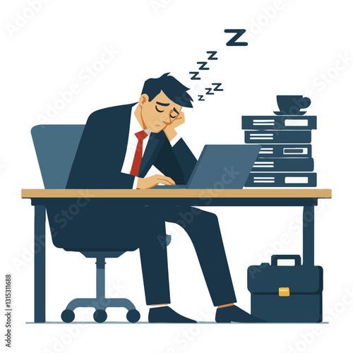 Exhausted businessman sleeping at desk with laptop illustration vector