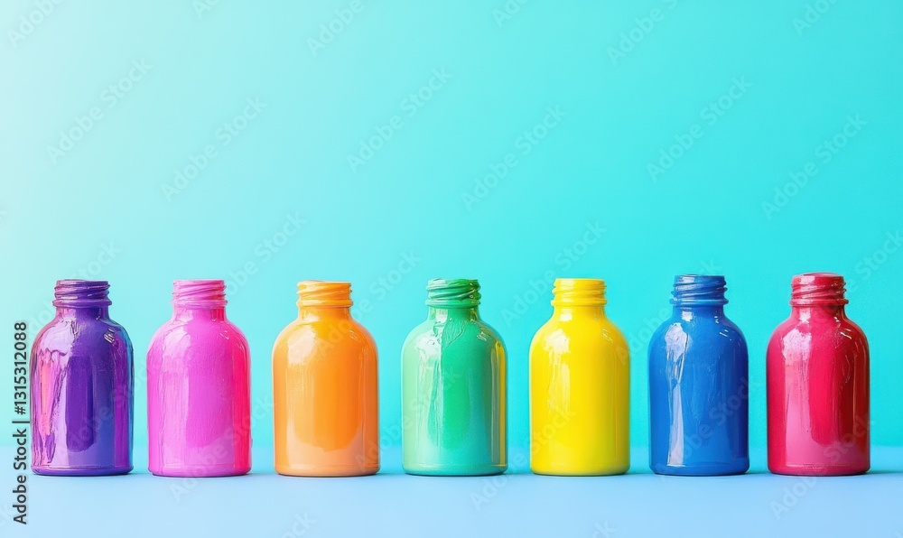Colorful paint bottles arranged in a vibrant line. Colorful paint bottles arranged in a vibrant line.