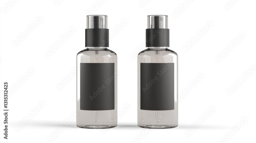 Two clear spray bottles with black labels Two clear spray bottles with black labels