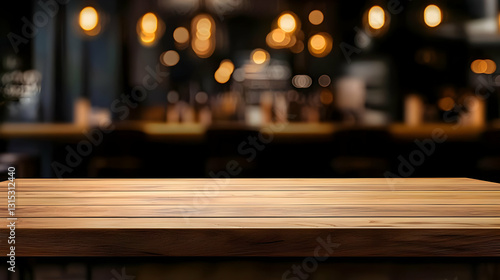 Empty Rustic Wooden Table Top With Warm Illuminated Blurry Bar Restaurant Background For Product Display