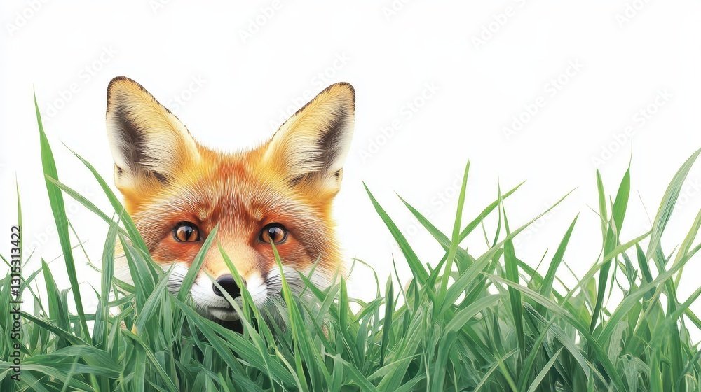 Naklejka premium A fox peering through tall grass with alert eyes, its red fur glowing in the sunlight, on a white isolated background