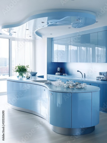 The blue kitchen exhibits a modern design and features elegance