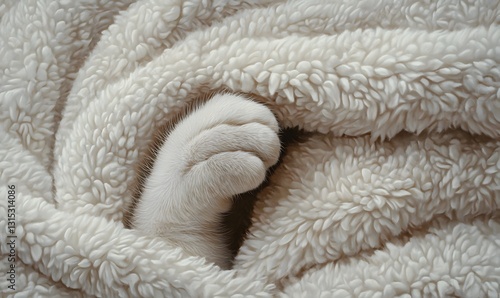 A Cozy Cat Nap: White Paw Peeking Out from Soft Fluffy Blanket