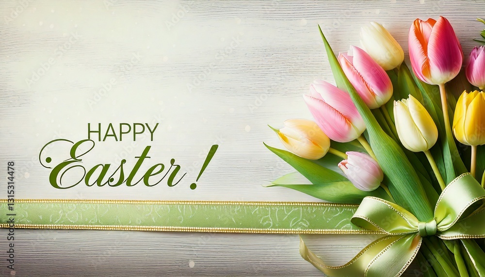 Naklejka premium Wielkanocna kartka z bukietem kolorowych tulipanów, zieloną kokardą i życzeniami