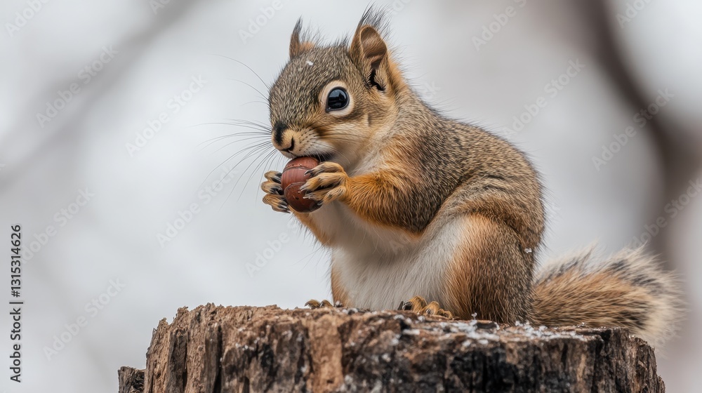 Obraz premium A small squirrel with an acorn in its paws, sitting on a tree stump, on a white isolated background