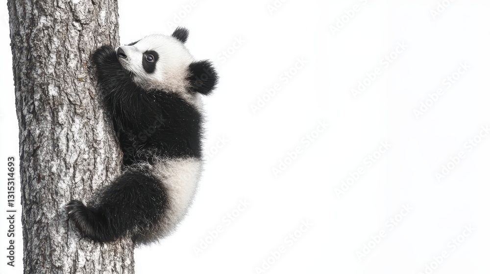 Obraz premium A baby panda climbing up a tree, with its fluffy black and white fur, on a white isolated background