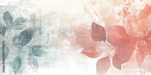 Botanical Textured Artwork Featuring Blue and Coral Leaf Accents