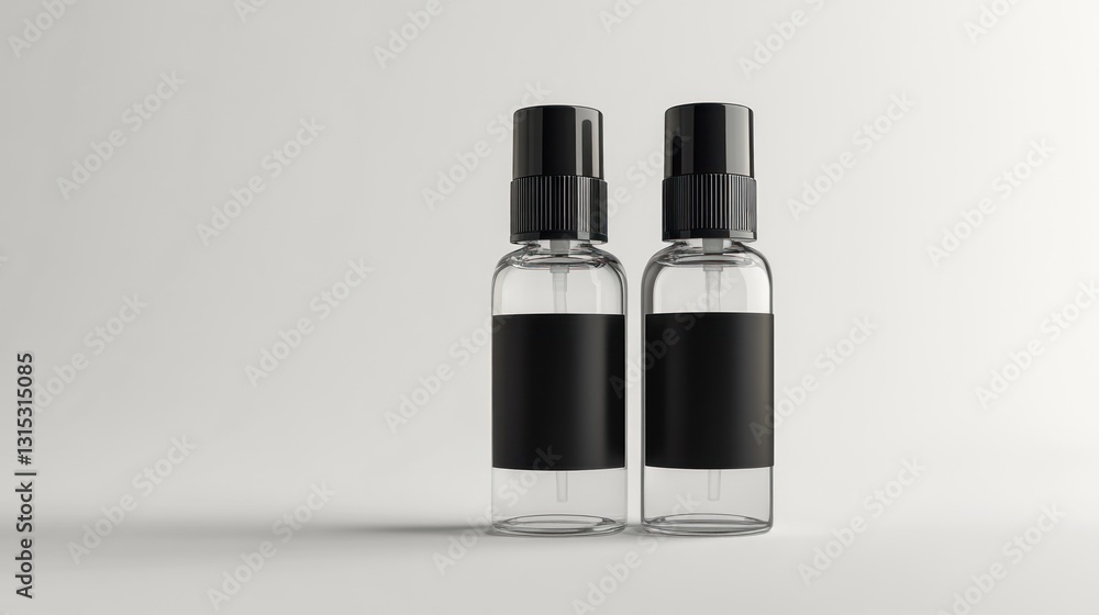 Two clear glass spray bottles with black labels, on a plain white background Two clear glass spray bottles with black labels, on a plain white background