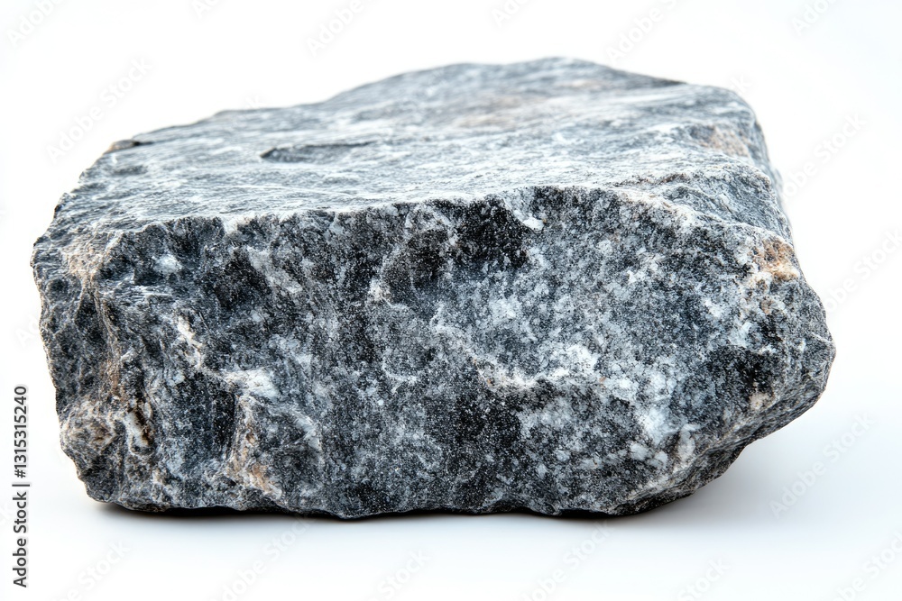 A rough, dark gray rock with a slightly irregular, flat top surface, isolated on a white background. A rough, dark gray rock with a slightly irregular, flat top surface, isolated on a white background.