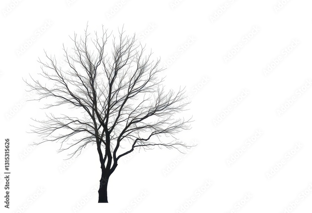 Obraz premium Lone deciduous tree, stark branches against pure white, trunk, plant