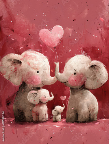 A sweet elephant family, beautifully illustrated with soft lines, placed on a calm pink canvas.