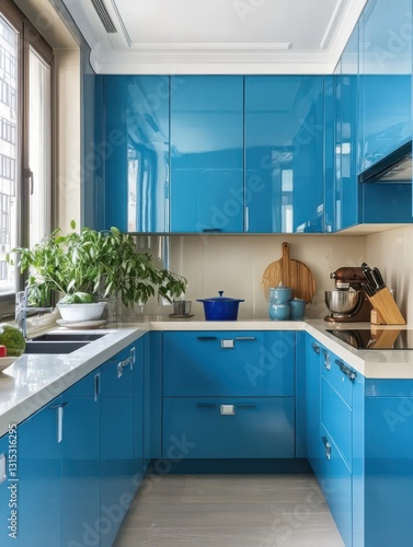 Wallpaper Mural Modern kitchen interior design featuring sleek blue cabinets and countertops Torontodigital.ca