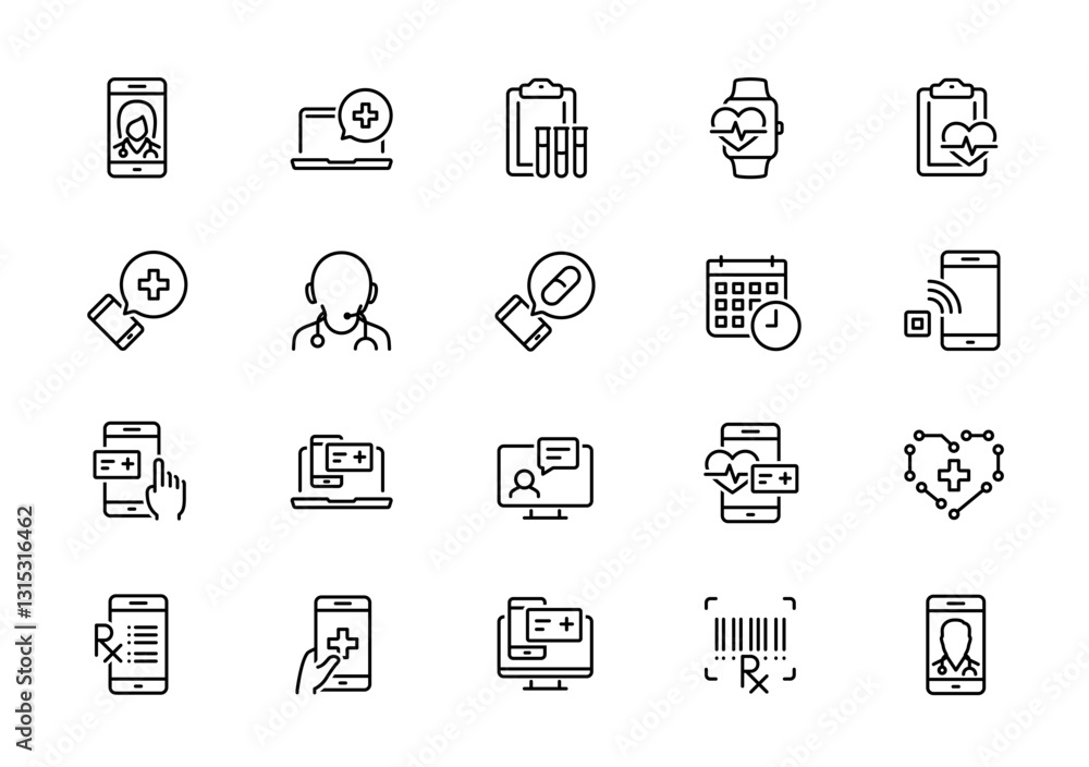 Digital Healthcare and Telemedicine Vector Icon Set In Outline Style Digital Healthcare and Telemedicine Vector Icon Set In Outline Style