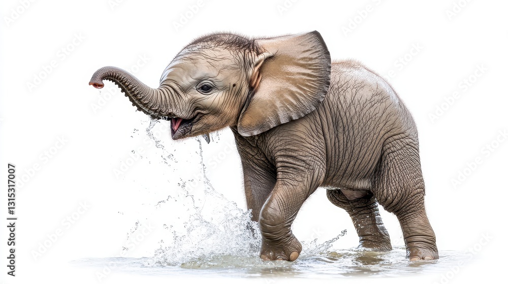 Fototapeta premium A baby elephant playing with water in a river, splashing with its trunk, on a white isolated background