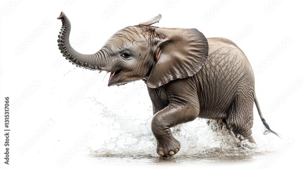 Fototapeta premium A baby elephant playing with water in a river, splashing with its trunk, on a white isolated background