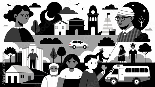 A series of black and white photographs captured the essence of the community portraying its residents landmarks and everyday moments in a new light.. Vector illustration