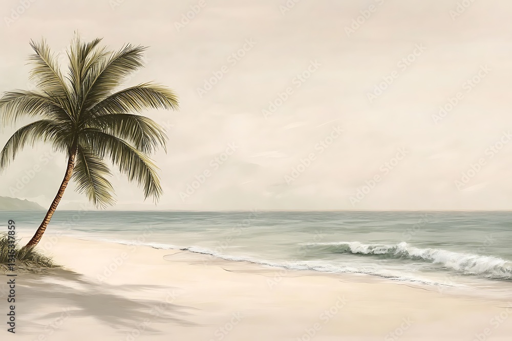 Fototapeta premium Serene Beach Scene with Palm Tree