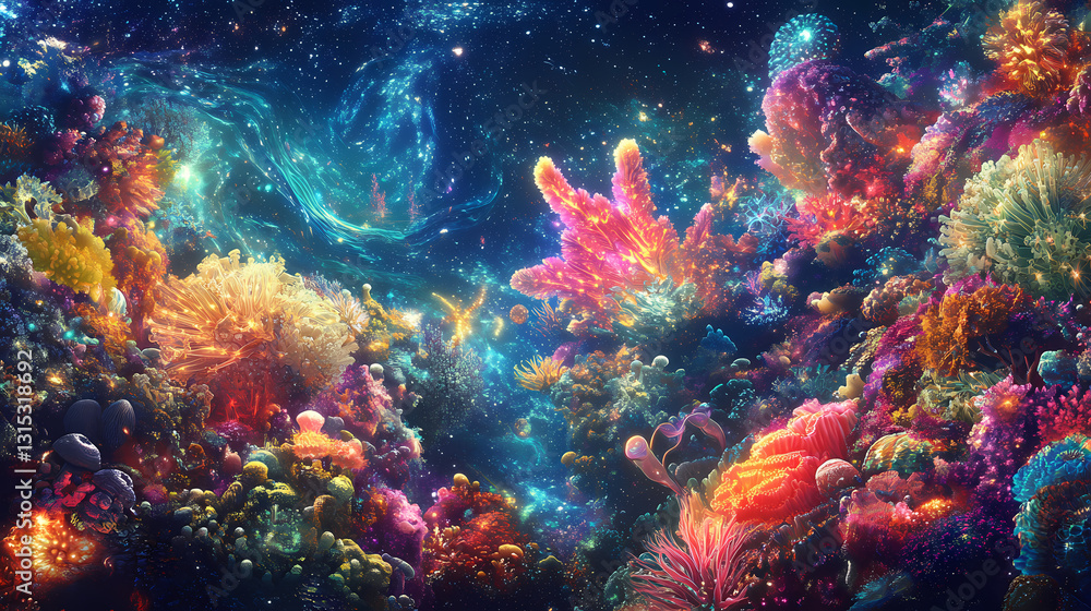 Naklejka premium Mesmerizing cosmic reef teeming with ethereal celestial marine lifeforms in a vibrant visionary panorama. Prismatic - Coral Reef. Illustration