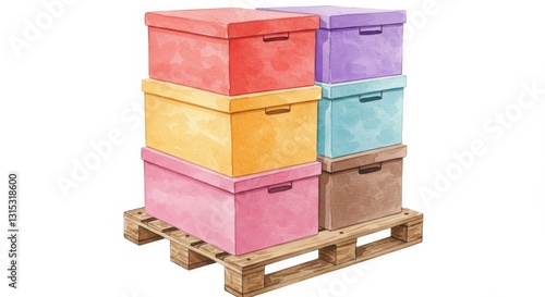 Colorful Storage Boxes on Pallet - Stack of pastel-colored storage boxes neatly arranged on a wooden pallet, ready for transport or storage