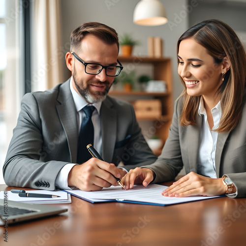 Legally signing a real estate agreement. Businessman negotiates with house sales agent before signing contract.