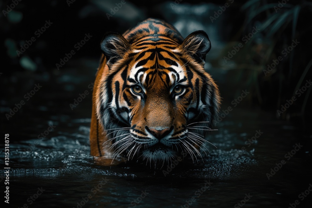 Naklejka premium Majestic Tiger Walking in Dark River, Lush Jungle Background
